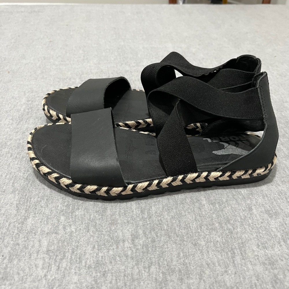 Sorel Ella II Sandal Womens 6 Black Leather Elastic Strap Espadrille NL4045-010